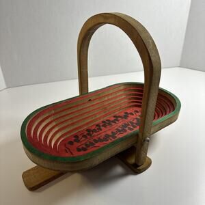 Vtg Collapsible Wooden Bowl/Basket With Handle Mid Century MCM Watermelon Design